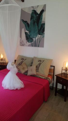 um quarto com uma cama vermelha com uma mulher deitada sobre ele em Villa LA PERLE DES ANSES em Deshaies