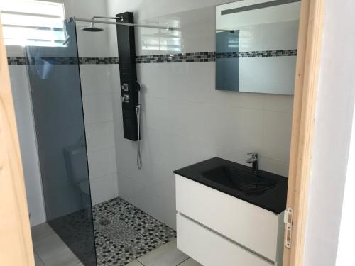 a bathroom with a glass shower and a sink at villa vue sur mer in Deshaies