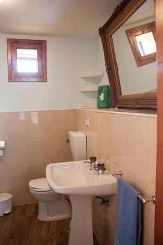 a bathroom with a sink and a toilet and a mirror at Casa Adalcina (casa d'avó) in Mirandela