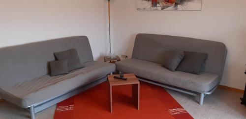 Sala de estar con 2 sofás y mesa de centro en Ferienwohnung Ackermann, en Engen