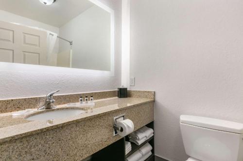 a bathroom with a sink and a toilet and a mirror at Clarion Pointe Columbus-Bradley Park in Columbus
