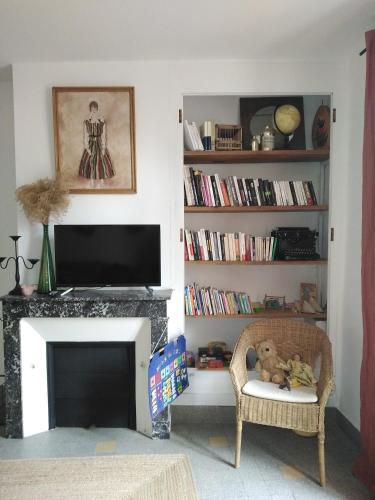 a living room with a fireplace with a television and a chair at Meublé de tourisme La Maison d'Orgy in Chevannes