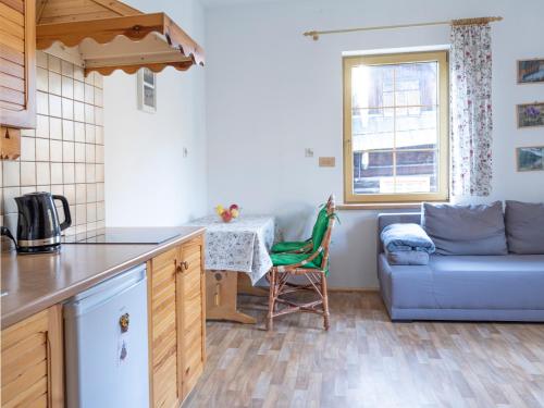 uma cozinha e sala de estar com um sofá e uma mesa em Willa Ślimakówka em Zakopane