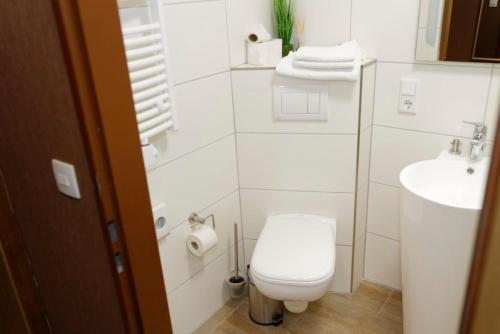 uma casa de banho branca com um WC e um lavatório em Hotel Restaurant Rodizio Paderborn em Altenbeken