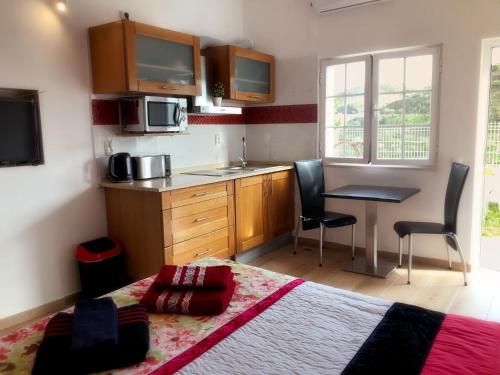 a bedroom with a bed and a kitchen with a desk at Paraíso D`el Rio in Mértola