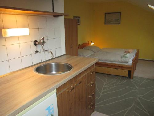 a bathroom with a sink and a bed in a room at Penzion U Holubů Nový Jičín in Nový Jičín