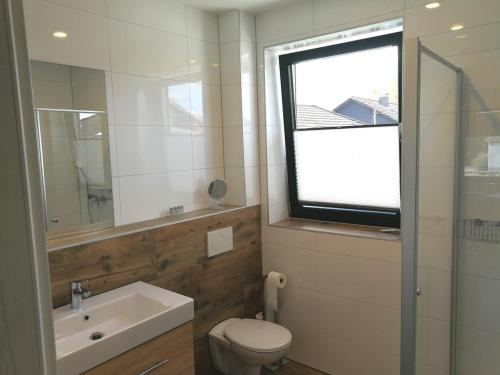 a bathroom with a toilet and a sink and a window at Bierhäusel in Kircheib