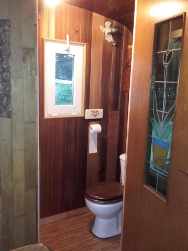 uma pequena casa de banho com um WC e uma janela em B&B Dream On Wheels em Lommel