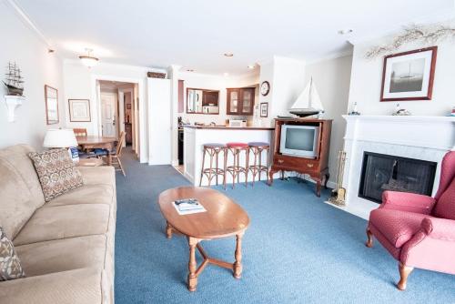 a living room with a couch and a fireplace at 110 Water Street Inn in Boyne City