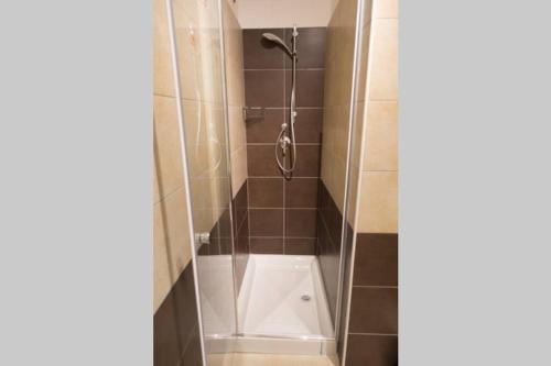 W łazience znajduje się prysznic ze szklanymi drzwiami. w obiekcie Apartment Victoria, cozy studio flat near Leonardo Academy w mieście Sesto Calende