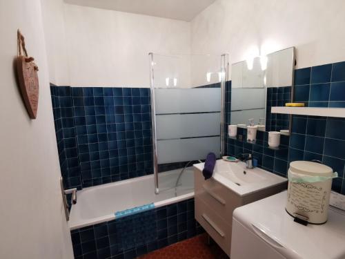 une salle de bain avec un lavabo, des toilettes et une douche dans l'établissement Appartement Charmant à Collioure, à Collioure