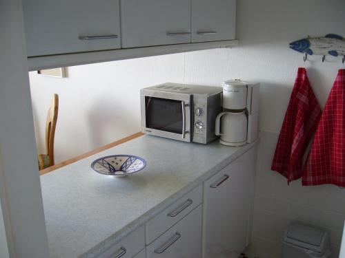 a microwave sitting on top of a counter in a kitchen at Lütt Baltic Fehmarn in Staberdorf