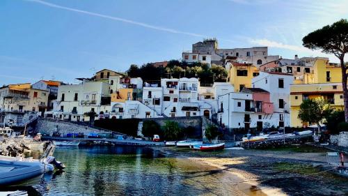 a group of white buildings and boats in the water at Relais del mare con terrazza fronte mare free parking in Massa Lubrense