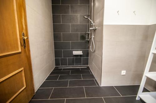 a bathroom with a shower with black tiles at Ferienwohnungen Wartbichler in Lofer