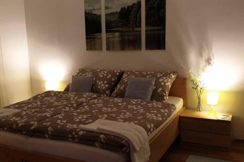a bed in a bedroom with two lights on at Mia Apartman, Eisenerz in Eisenerz