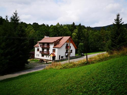 una casa bianca con un tetto rosso su una strada di Penzion Zázrifka a Zázrivá