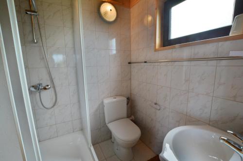 a bathroom with a toilet and a shower and a sink at Ferienhaus Franziska in Kołobrzeg