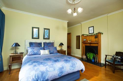a bedroom with a blue bed and a fireplace at Tairoa Lodge in Hawera