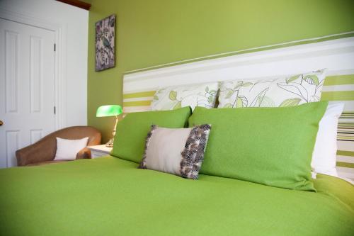 a green bed with a pillow on top of it at Tairoa Lodge in Hawera