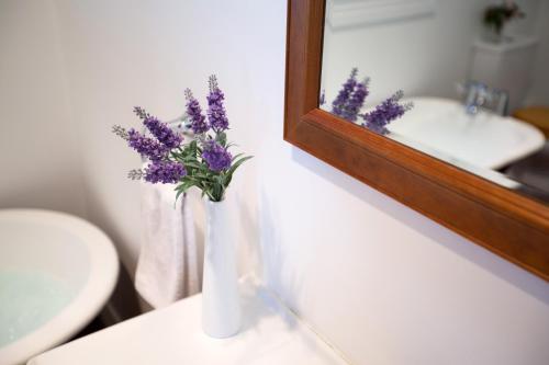 a vase with purple flowers on a counter in a bathroom at Tairoa Lodge in Hawera
