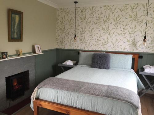 a bedroom with a bed and a fireplace at Peg Cottage in Evandale