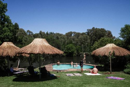 a group of people in a swimming pool with umbrellas at Breathe River Retreat in Parys