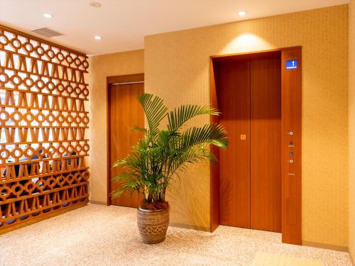 a potted plant in a hallway next to a door at The Moana by DSH Resorts in Chatan