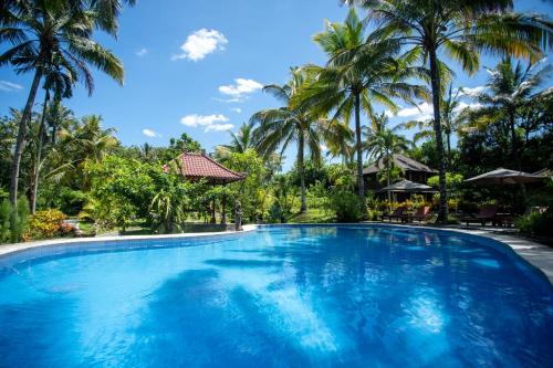 a large swimming pool with palm trees in the background at Villa Uma Ayu Sidemen in Sidemen