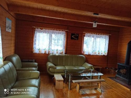 a living room with leather furniture and a fireplace at Przystanek Bieszczady in Stańkowa