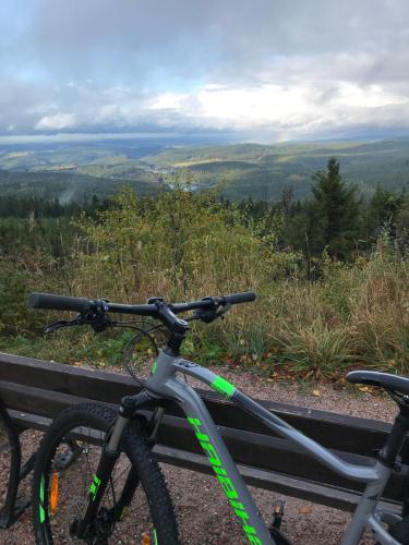 two bikes are parked on a hill with a view at Auersberg Haus in Eibenstock