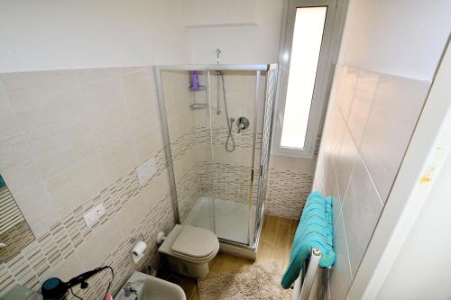 a bathroom with a shower with a toilet and a sink at Affittacamere Lidiya in Bologna