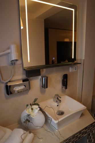 a bathroom with a sink and a mirror at Hotel Bispinger Hof in Bispingen