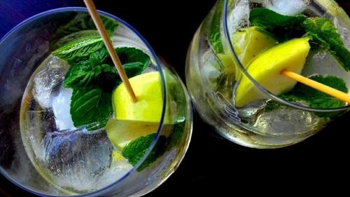 deux verres remplis de différents types de boissons dans l'établissement Agriturismo Mulino Delle Tolle, à Bagnário Arsa