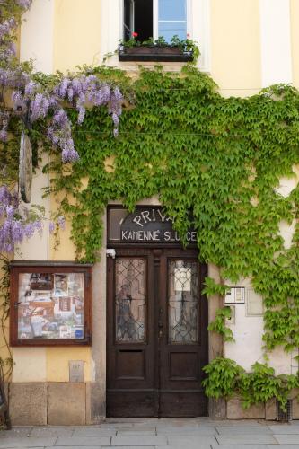 a building with a door with purple flowers on it at Penzion Kamenne Slunce in Telč