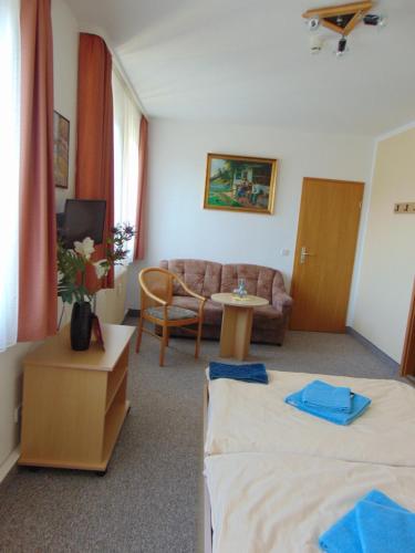 een hotelkamer met een bed en een bank bij Pension "Zur Katze" in Gelenau