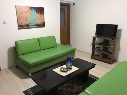 ein Wohnzimmer mit einem grünen Sofa und einem Tisch in der Unterkunft Lydia Center Apartment in Veles