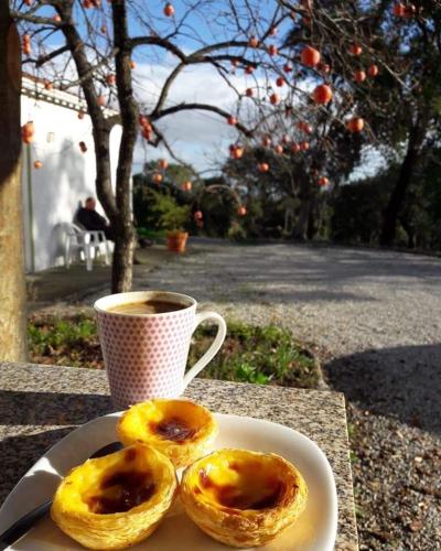 two donuts on a plate next to a cup of coffee at Quinta da Barroquinha in Vale de Prazeres