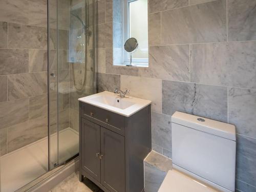 bagno con lavandino, doccia e servizi igienici di Frebus House a Dartmouth