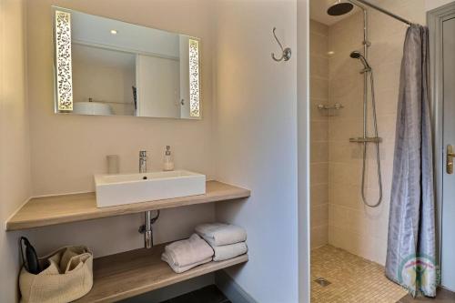 a bathroom with a sink and a shower at Gîte le Grand Bé in Saint Malo