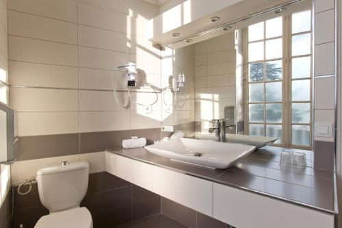La salle de bains est pourvue d'un lavabo et de toilettes. dans l'établissement Château & Spa De La Commanderie, à Eybens