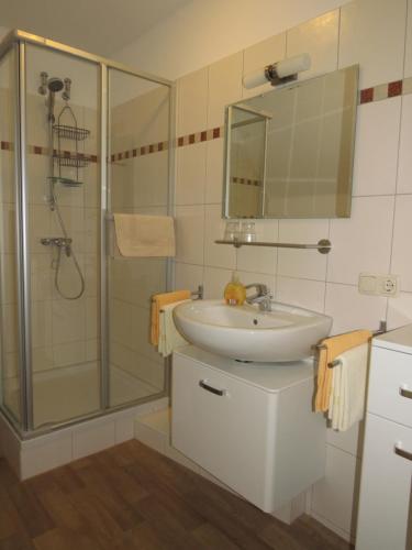 uma casa de banho com um lavatório e um chuveiro em Theeshof em Soltau