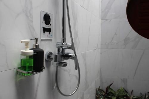 a shower in a bathroom with a soap dispenser at Villa Umah Didua in Lovina