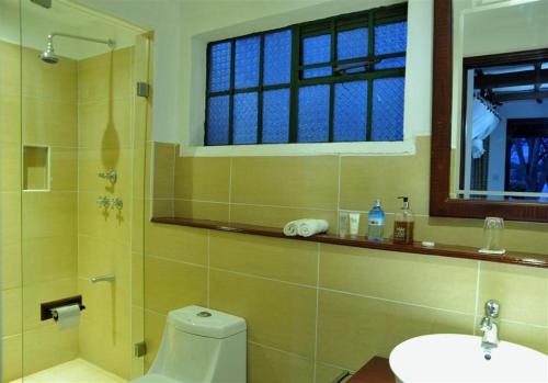 a bathroom with a toilet and a sink and a window at Mara River Lodge in Aitong