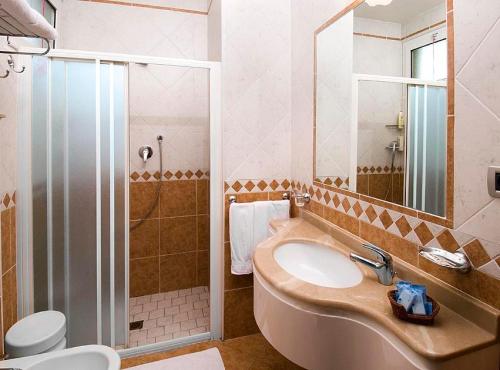 チェゼナーティコにあるHotel Savoiaのバスルーム(洗面台、トイレ、シャワー付)
