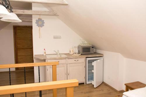 a small kitchen with a sink and a microwave at Penzion Baborákovi in Dětenice