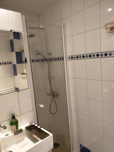 een badkamer met een douche en een wastafel bij Le Jacobin in Troyes