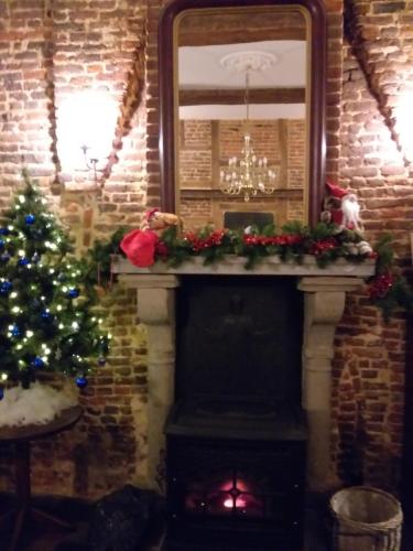 a fireplace with a christmas tree on top of it at Auberge 's Gravenhof in Voeren