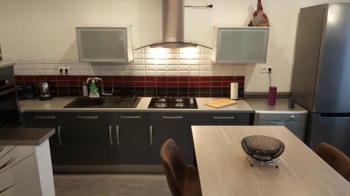 uma cozinha com um lavatório e um fogão forno superior em La Résidence M*C em Semur-en-Auxois