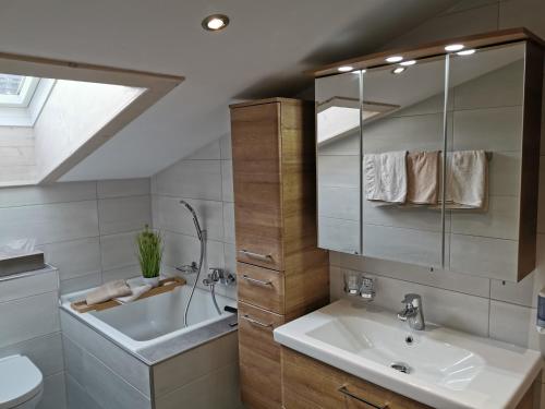 a bathroom with a sink and a toilet and a mirror at Appartements Waldruh in Achenkirch