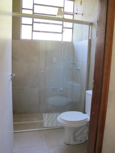 a bathroom with a toilet and a shower at Arte de Minas in São Gonçalo do Sapucaí
